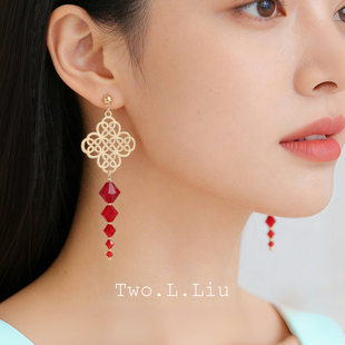 Two.L.Liu东方绮梦系列新中式 春节红色水晶耳环女原创气质耳饰