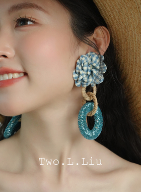 Two.L.Liu原创设计师蓝色耳环女夸张度假风高级感重手工串珠耳饰