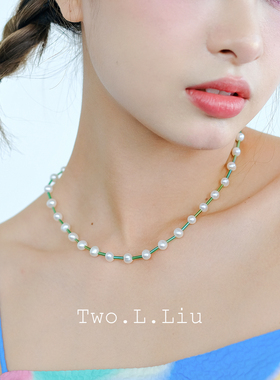 twolliu天然珍珠项链女原创设计少女感气质绿色管珠锁骨链颈链