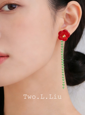 Two.L.Liu东方绮梦系列新年春节红色花朵耳饰女琉璃珠925银针耳环