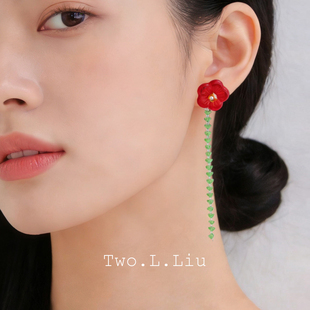 Two.L.Liu东方绮梦系列春夏红色花朵耳饰女琉璃珠度假925银针耳环