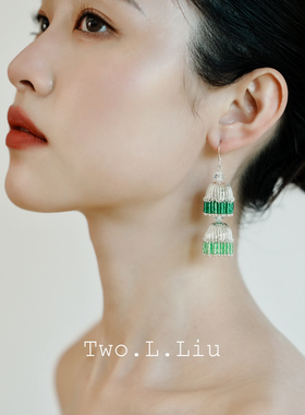 Two.L.Liu新中式绿色流苏耳环原创设计民族风蓝色高级感气质耳夹