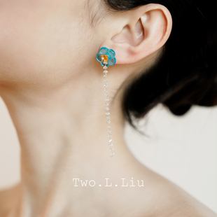 Two.L.Liu汀兰系列气质高级感耳坠耳环女蓝色花朵925银针耳饰