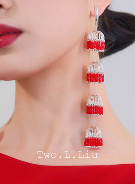 Two.L.Liu东方绮梦系列红色耳环女长流苏原创高级感夸张气质耳饰