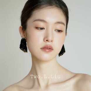 Two.L.Liu黑色流苏耳环女超酷个性 夸张高级设计感气质耳夹耳饰