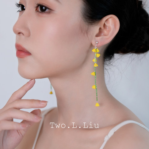Two.L.Liu法式黄绿花朵流苏耳饰