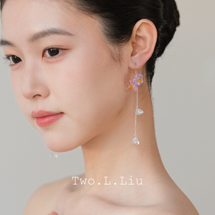 Two.L.Liu樱花物语系列粉紫色耳环女花朵925银耳钩吊坠气质耳夹