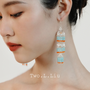 Two.L.Liu只此青绿新中式 系列蓝色流苏耳环女民族风原创气质耳饰