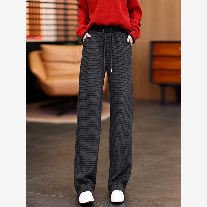 时尚加绒加厚保暖阔腿裤女冬季上新高腰宽松遮胯显瘦条纹休闲裤