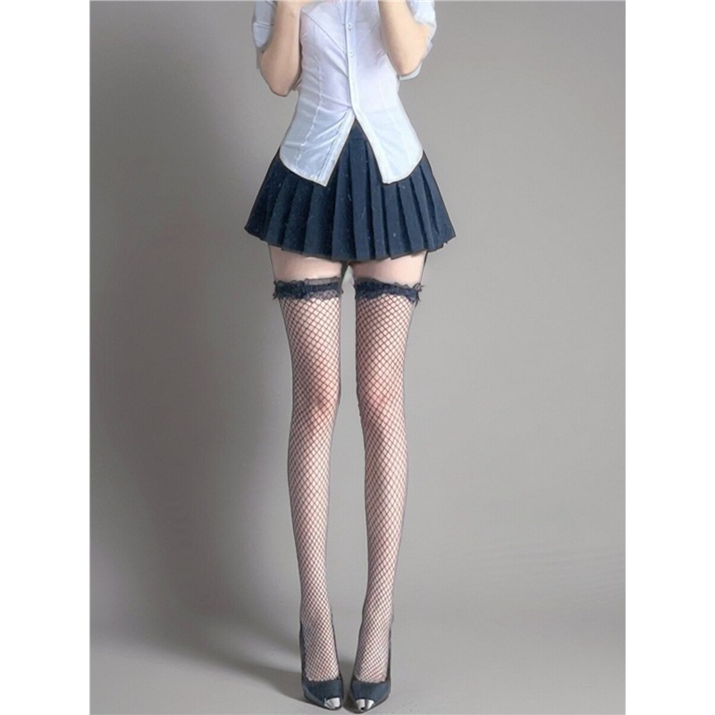 蕾丝花边渔网袜JK黑女白长