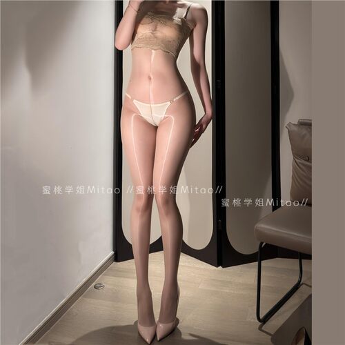 肉色极光油亮蕾丝吊带袜女