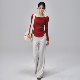 瑜伽服长袖套装修身显瘦运动上衣普拉提训练弹力跑步健身T红色冬