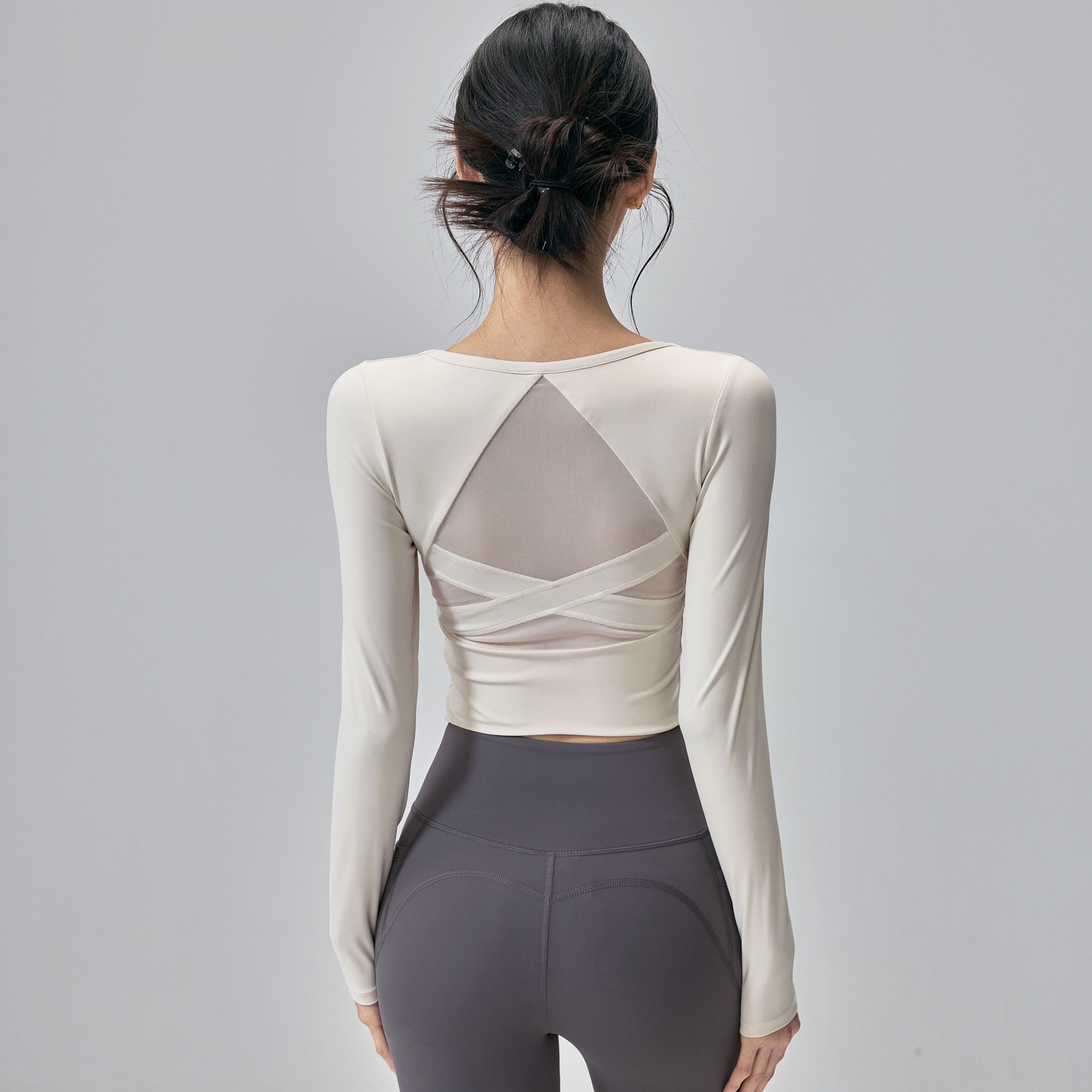 美背瑜伽服长袖带胸垫网纱透气普拉提运动上衣紧身显瘦跑步健身T,运动服/休闲服装,健身衣,淘宝优惠券,粉丝福利购,淘宝优惠卷