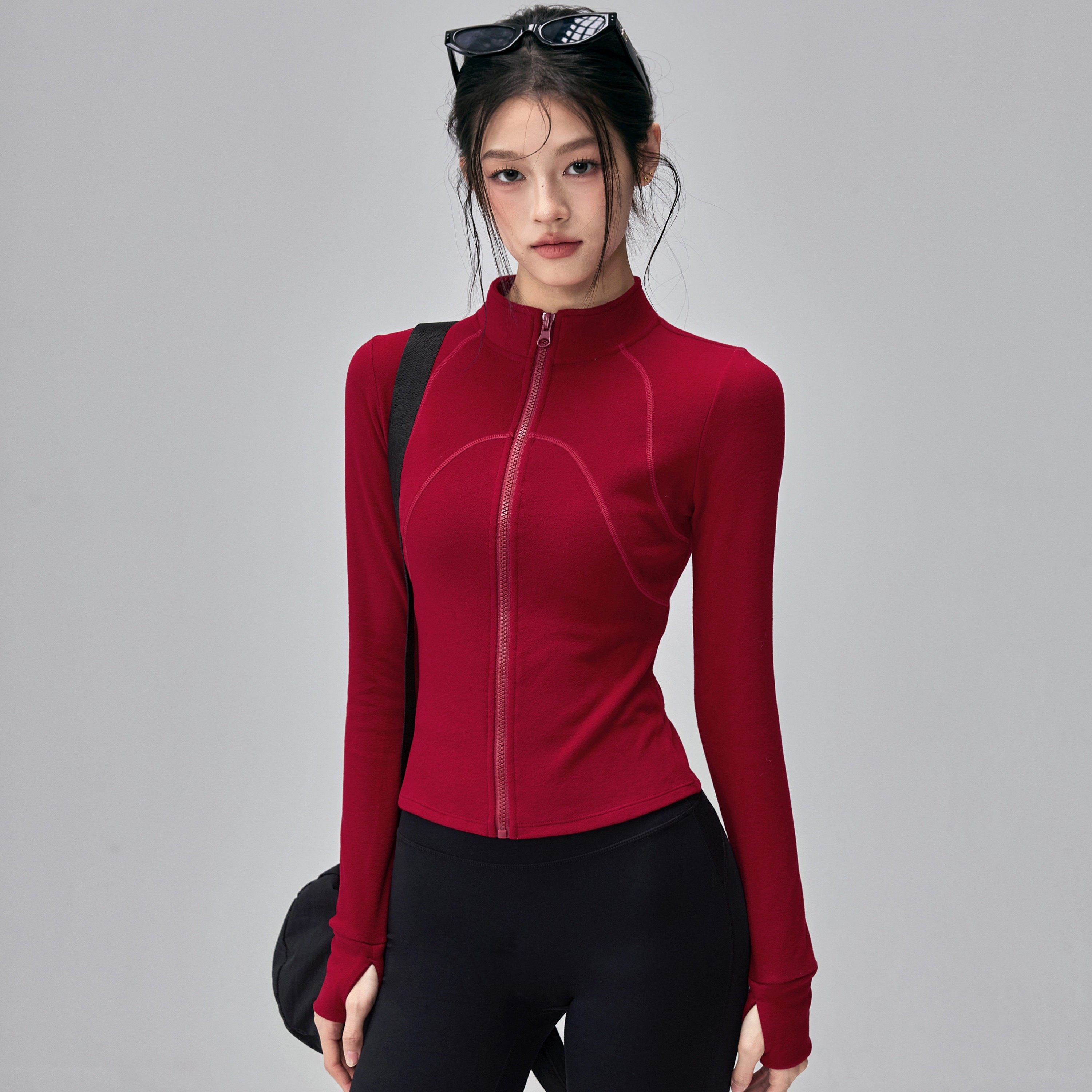 新年红德绒瑜伽服外套修身显瘦运动上衣普拉提训练长袖户外健身冬