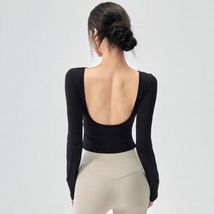 美背瑜伽服长袖 显瘦运动上衣外穿气质普拉提训练服秋 女带胸垫修身