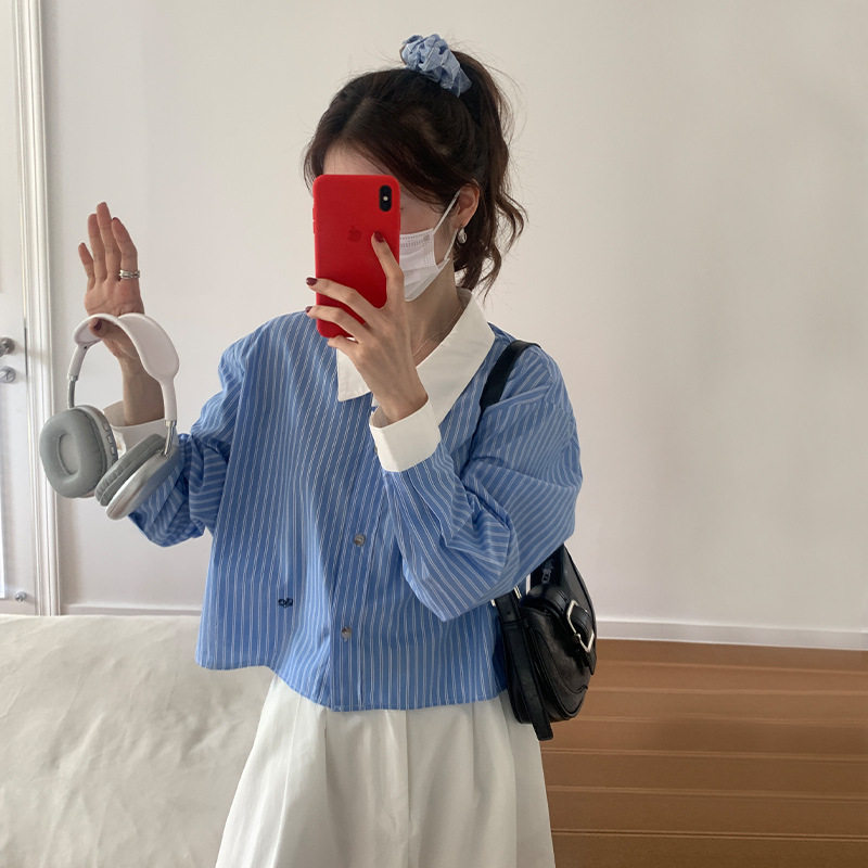 薇颂2023秋季十三行新品刺绣蓝色条纹衬衫女韩版休闲短款衬衣上衣