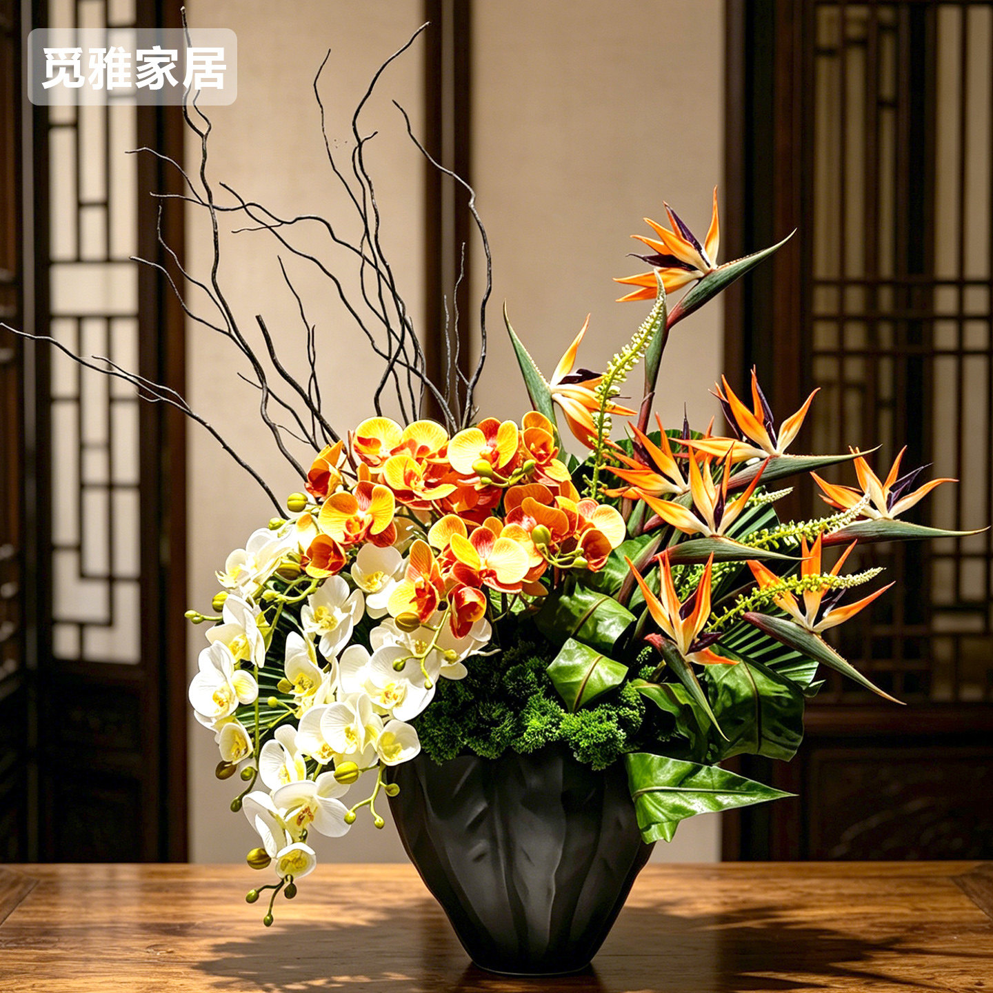 禅意新中式仿真花艺摆件样板间酒店前台茶室天堂鸟蝴蝶兰高级摆设