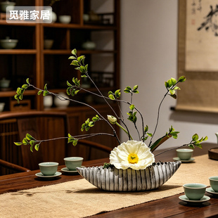 侘寂风船型盆仿真白牡丹花艺摆件 新中式茶室茶桌人造花装饰盆栽