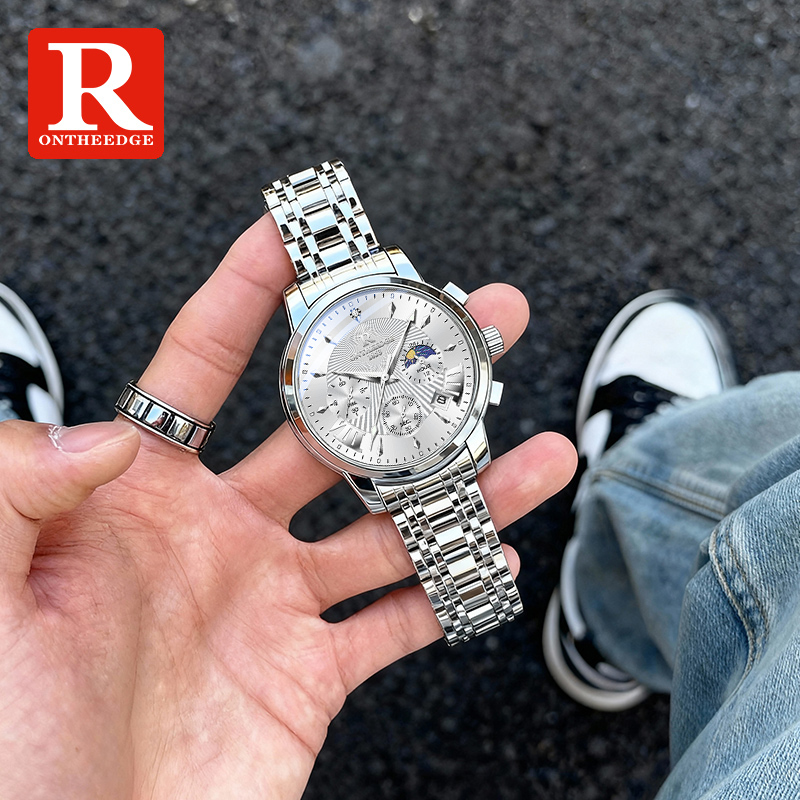 男士月相手表镶钻石英表钢带多功能计时腕表商务休闲潮流时尚男表