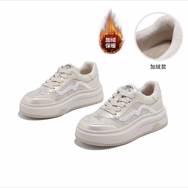 正品真皮加绒保暖亮片休闲平底女鞋2025秋冬新款时尚运动小白鞋