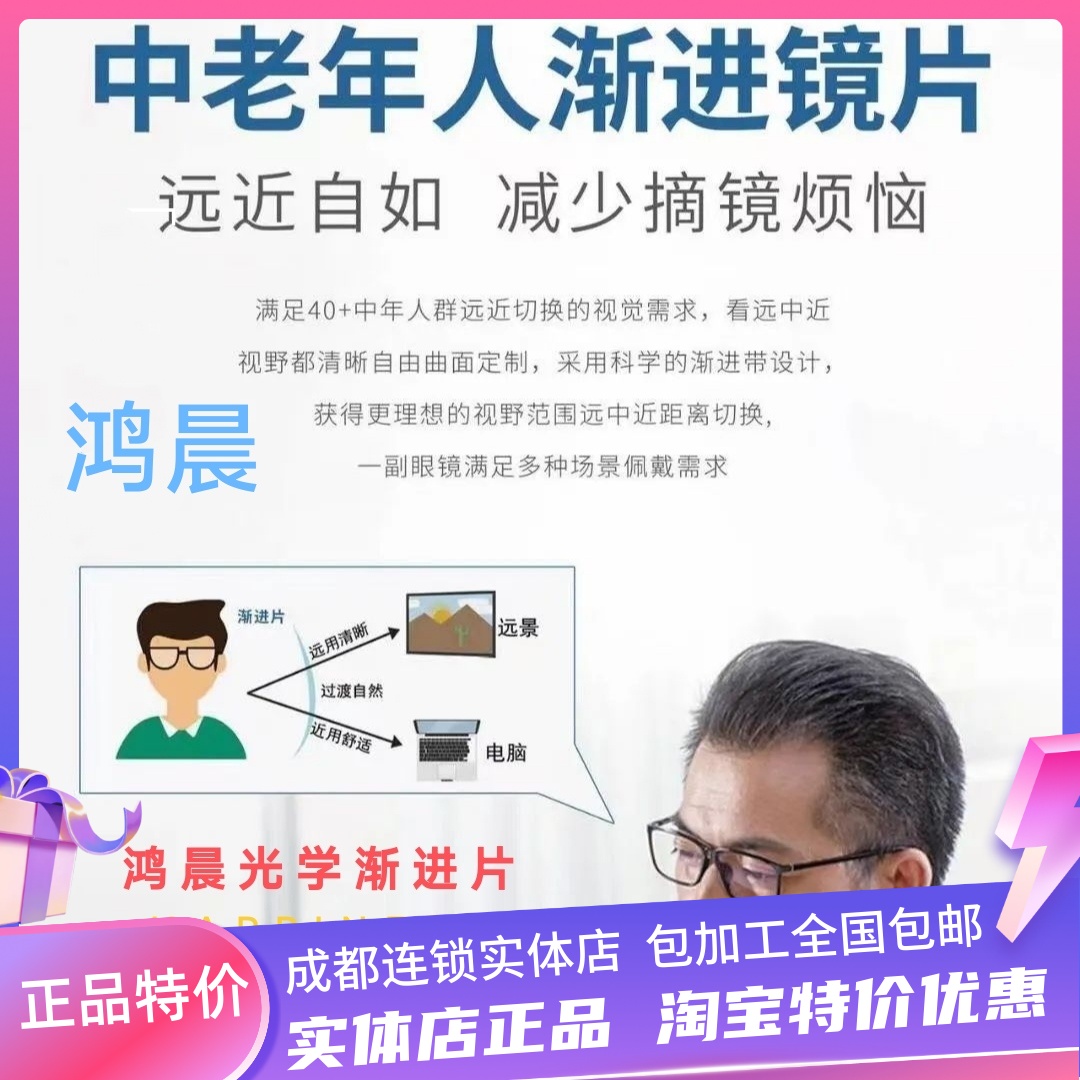 鴻晨漸進(jìn)鏡片2片內(nèi)漸進(jìn)變色中老年老視可看近看遠(yuǎn)老花近視配眼鏡