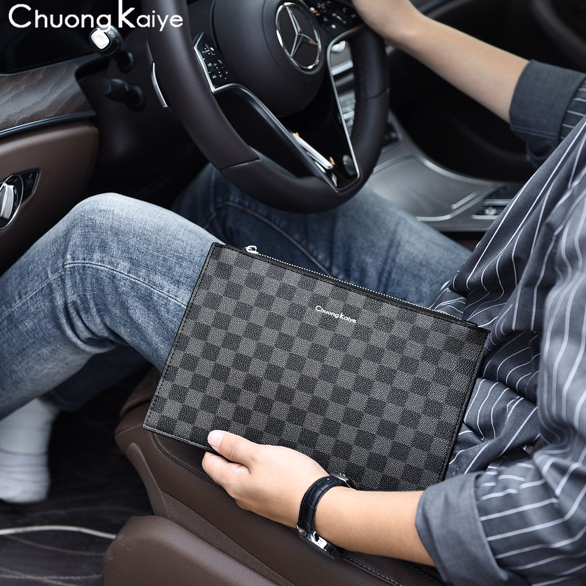 新款 ChuongKaiye手拿包男商务休闲手抓包时尚格纹手拎包高档手包