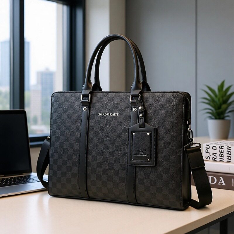 男士手提包商务高档斜挎时尚格纹大容量公文包男休闲单肩包托特包