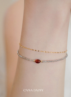 「雾屿」天然极细灰月光石榴石手链女小众精致叠戴14k包金手串夏