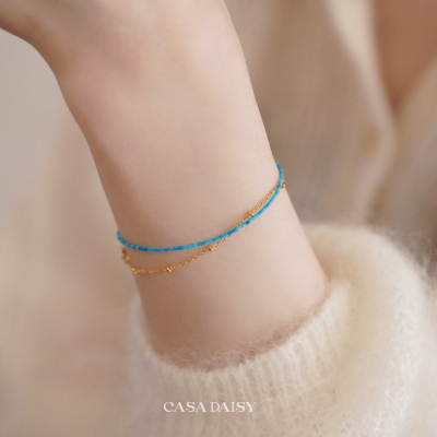 「湖」极细1mm天然绿松石珍珠手链女小众叠搭高级感14k包金手串夏