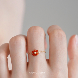 「花与爱丽丝」天然红玛瑙戒指女小众14k包金手工食指尾戒礼物