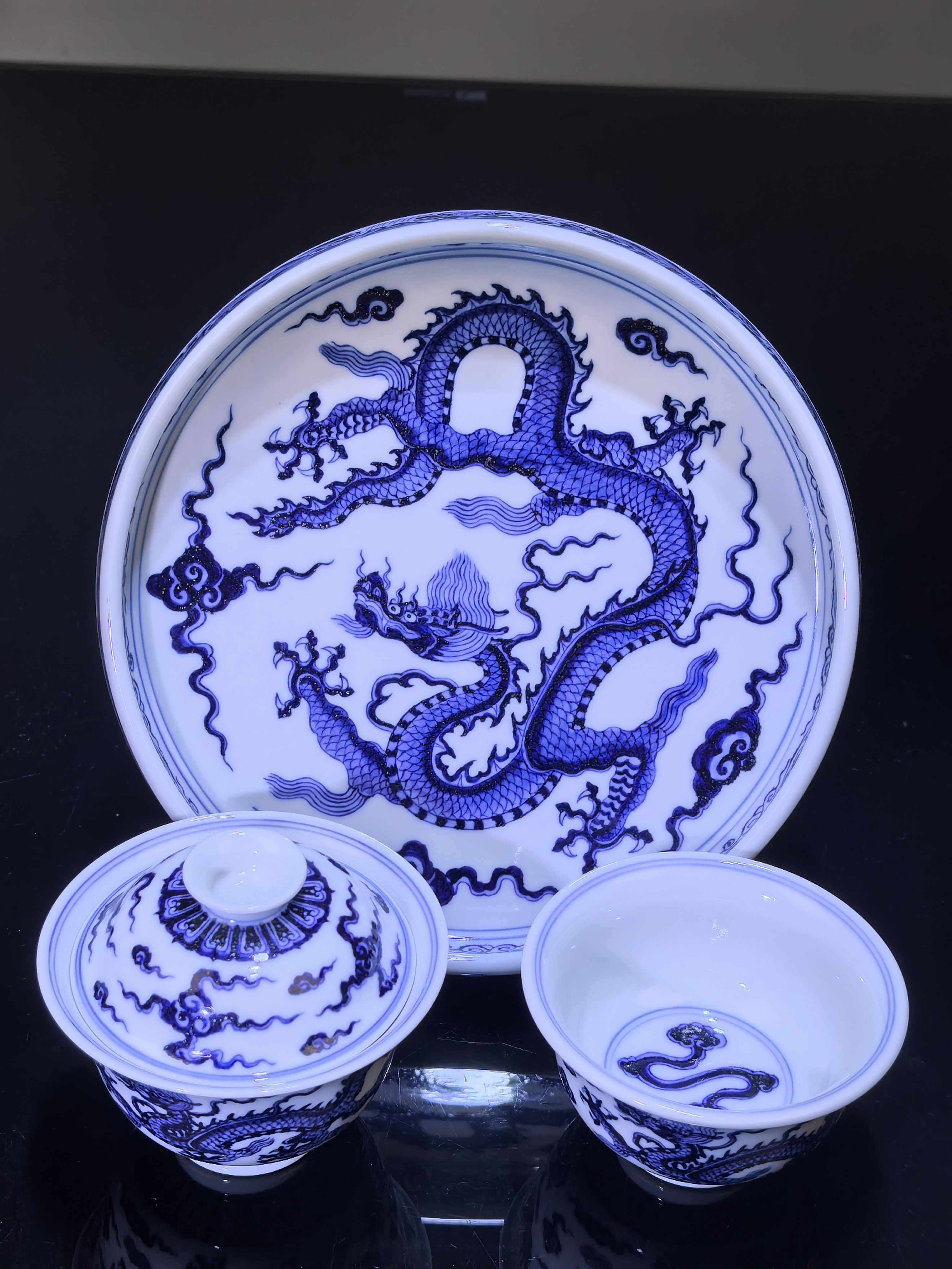 庆茗堂景德镇茶器手工手绘仿明青花龙纹杯主人杯盖碗壶承高端送礼