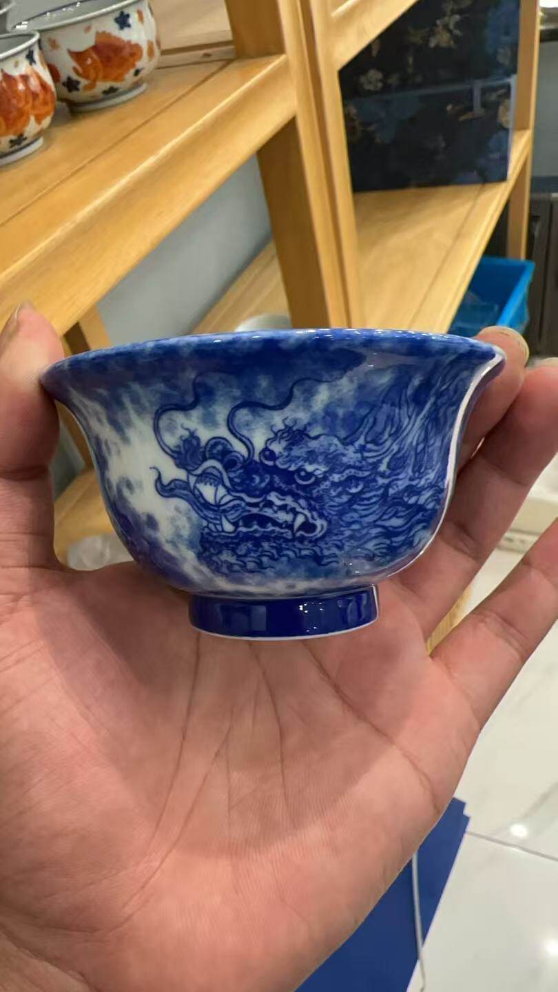 庆茗堂景德镇茶器手工手绘青花穿云龙纹压手杯壶承
