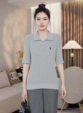 减龄麻花薄针织衫t恤女大码胖mm春夏精纺冰丝短袖polo领洋气刺绣
