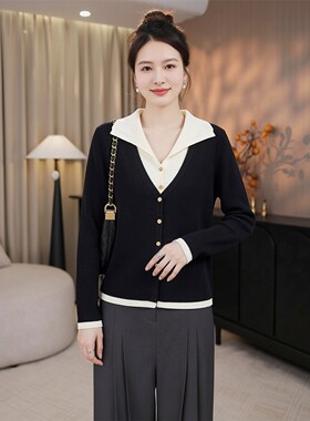 中年妈妈毛衣针织衫女春大码胖mm品牌大码翻领v领显瘦假两件羊毛