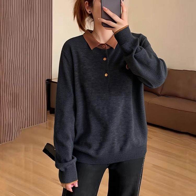 品牌春秋翻领针织衫女长袖气质毛衣打底衫羊毛POLO领拼色上衣,女装/女士精品,大码内搭,淘宝优惠券,粉丝福利购,淘宝优惠卷