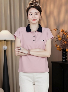品牌撞色Polo领刺绣小衫女夏大码胖mm宽松妈妈纯棉高品质t恤上衣