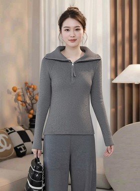 品牌针织衫上衣女外搭上衣半拉链秋冬大码胖mm无帽软糯加厚羊毛衣