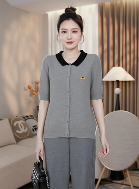 200斤夏薄款妈妈桑蚕丝上衣大码胖mm冰丝羊毛针织衫Polo领短袖女