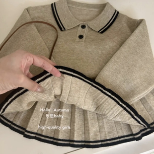 韩国2025秋冬新款女童学院宝宝卡其色加厚毛衣百褶裙中小儿童套装