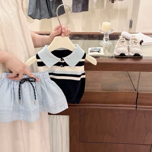 【小張童學】miu系学院!女童夏学院风套装Polo领条纹背心半身裙