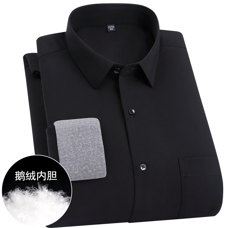 鹅绒保暖衬衫男士长袖加绒加厚轻薄羽绒纯黑色保暖衬衣正装