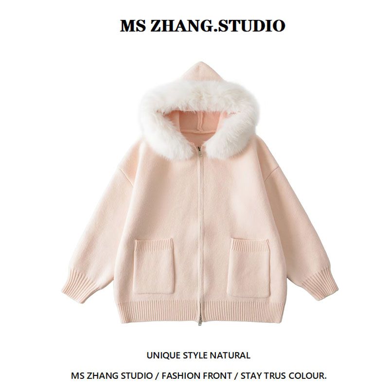 双拉链口袋宽松显瘦连帽毛衣外套