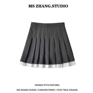 蕾丝刺绣花边拼接假两件百褶裙女夏季高腰显瘦防走光a字短裙裤裙