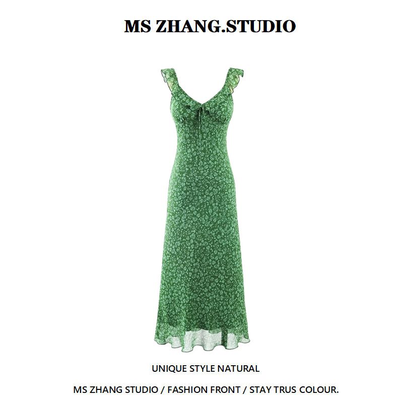 法式复古绿色碎花连衣裙