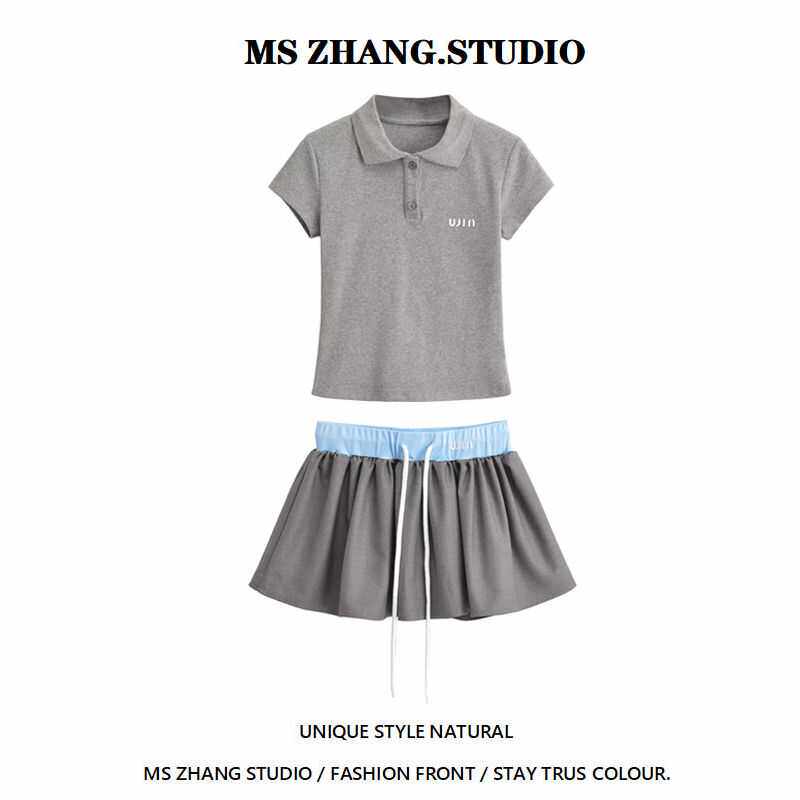 아메리칸 스타일 폴로 칼라 배색 프린트 반팔 티셔츠 드로스트링 하이웨이스트 루즈 튜튜 스커트 노출 방지 짧은 스커트 투피스 세트