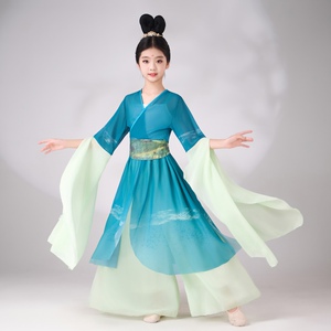 新款汉服女童古典纱衣练功服演出服中国风飘逸汉元素扇子表演服饰