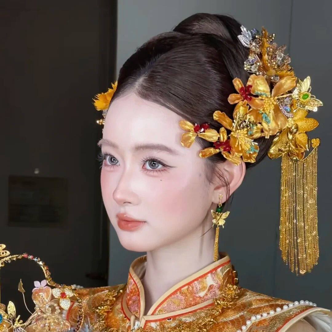 龙凤褂新娘大气头饰新中式金绿色立体花朵发簪古典秀禾服晨袍发饰