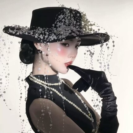 欧美夸张水钻流苏帽子女秋冬新款时尚个性大檐礼帽名媛风爵士帽子