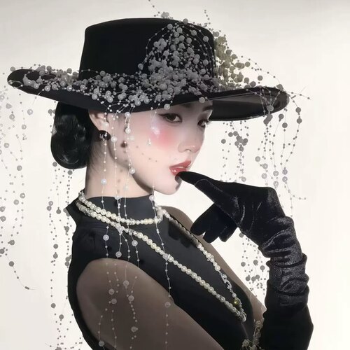 欧美夸张水钻流苏帽子女秋冬新款时尚个性大檐礼帽名媛风爵士帽子