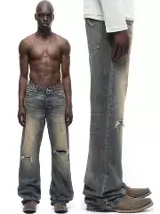 No Faith Studios Sun-Faded, Washed, Distressed, Hand-Cut, Ripped, Heavy-Duty Patchwork Straight-Leg Jeans for Men